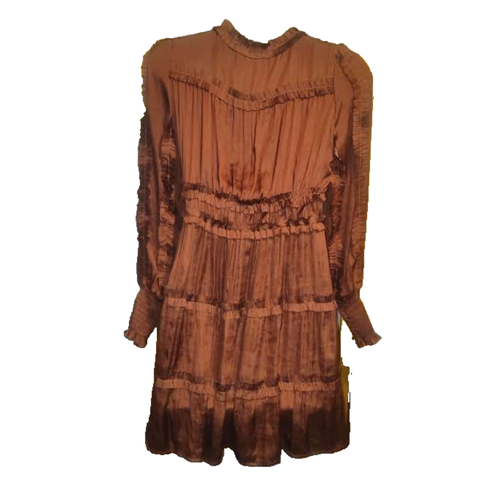 O.P.T Women’s Brown Satin Boho Ruffle Mini Dress Size XS BG30 - Picture 3 of 4